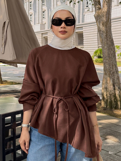 DAZY Women's Solid Color Loose Round Neck Long Sleeve Pullover Asymmetrical Hem Belted Casual Elegant Vacation Spring Autumn Blouse