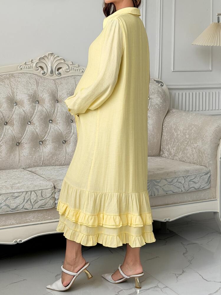 DAZY Solid Color Loose Long Sleeve Pleated Ruffle Casual Vacation Maternity Dress, Spring/Autumn - Yellow - View 3