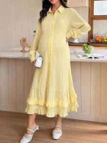 DAZY Solid Color Loose Long Sleeve Pleated Ruffle Casual Vacation Maternity Dress, Spring/Autumn - Yellow - View 2