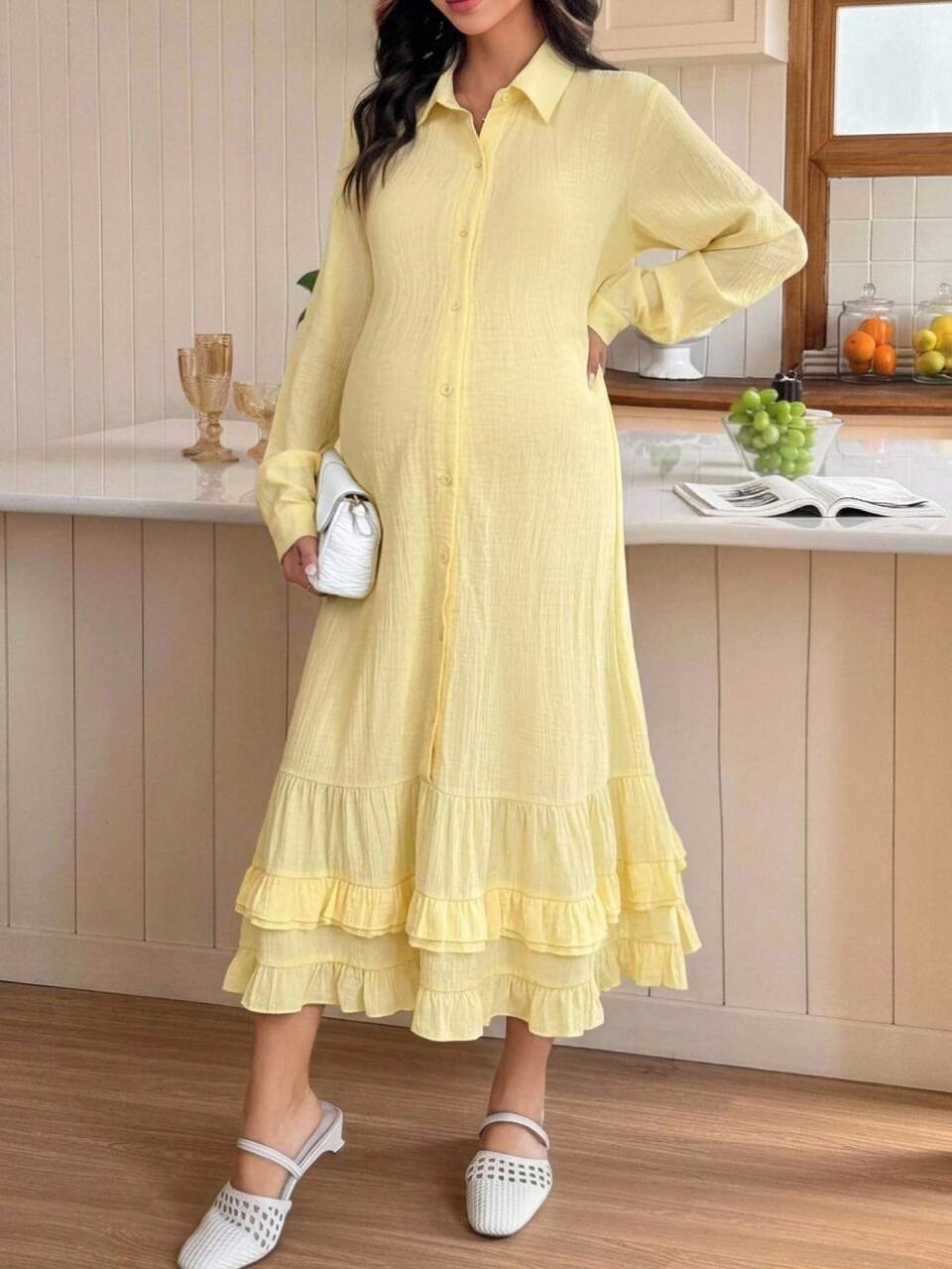 Solid Color Loose Long Sleeve Pleated Ruffle Casual Vacation Maternity Dress, Spring/Autumn