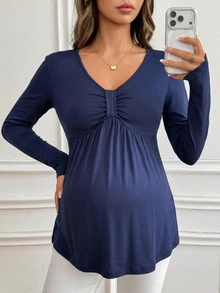 DAZY Solid Color Loose Hem Long Sleeve V-Neck Elegant Vacation Spring/Autumn Maternity T-Shirt - Blue - View 7