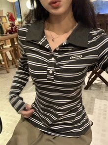DAZY Women's Collared Striped Long Sleeve T-Shirt, Autumn/Winter - Blue - View 4