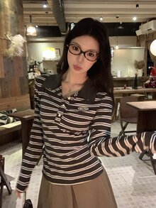 DAZY Women's Collared Striped Long Sleeve T-Shirt, Autumn/Winter - Blue - View 8