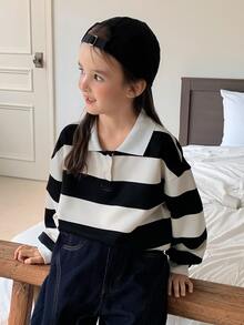 Dazy Kids Sweatshirt Lengan Panjang Kasual Berkerah Garis-Garis Longgar (Anak Perempuan Remaja), Musim Gugur/Dingin - Hitam dan Putih - View 7