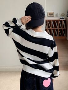 Dazy Kids Sweatshirt Lengan Panjang Kasual Berkerah Garis-Garis Longgar (Anak Perempuan Remaja), Musim Gugur/Dingin - Hitam dan Putih - View 2