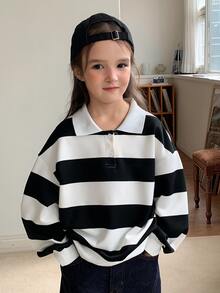 Dazy Kids Sweatshirt Lengan Panjang Kasual Berkerah Garis-Garis Longgar (Anak Perempuan Remaja), Musim Gugur/Dingin - Hitam dan Putih - View 3