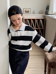 Dazy Kids Sweatshirt Lengan Panjang Kasual Berkerah Garis-Garis Longgar (Anak Perempuan Remaja), Musim Gugur/Dingin - Hitam dan Putih - View 9