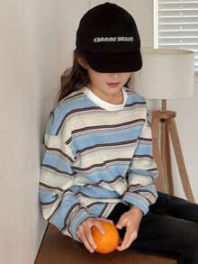 Dazy Kids Tween Girl) Loose Striped Crew Neck Casual Basic Pullover T-Shirt Top, Autumn - Blue - View 6