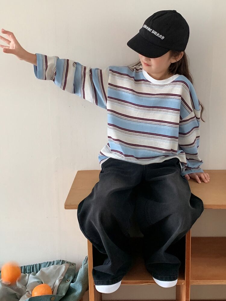 Dazy Kids Tween Girl) Loose Striped Crew Neck Casual Basic Pullover T-Shirt Top, Autumn - Blue - View 8