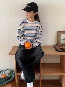 Dazy Kids Tween Girl) Loose Striped Crew Neck Casual Basic Pullover T-Shirt Top, Autumn - Blue - View 1