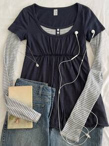 Livesso Women's Grey Round Neck Short Sleeve Solid Color Loose Casual Preppy Drop Shoulder All-Match Versatile T-Shirt, Fall Everyday School - Navy Blue - View 3