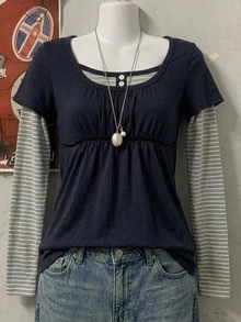 Livesso Women's Grey Round Neck Short Sleeve Solid Color Loose Casual Preppy Drop Shoulder All-Match Versatile T-Shirt, Fall Everyday School - Navy Blue - View 1