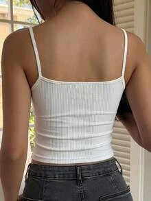 DAZY White U-Neck Ribbed Button Half-Placket Slim Fit Cami Knit Vest Top For Women - White - View 2