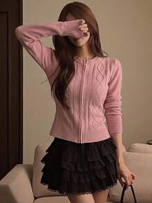 DAZY Autumn/Winter Round Neck Slim Fit Cinched Waist Diamond Cable Knit Cardigan, Pink, Casual Commute, Sweet Sexy Style For Women - Pink - View 10