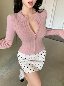 DAZY Autumn/Winter Round Neck Slim Fit Cinched Waist Diamond Cable Knit Cardigan, Pink, Casual Commute, Sweet Sexy Style For Women - Pink - View 9
