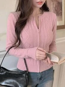 DAZY Autumn/Winter Round Neck Slim Fit Cinched Waist Diamond Cable Knit Cardigan, Pink, Casual Commute, Sweet Sexy Style For Women - Pink - View 8