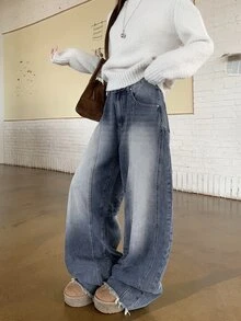 DAZY Women's Casual Raw Hem Wide Leg Denim Jeans - Blue - View 7