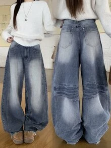 DAZY Women's Casual Raw Hem Wide Leg Denim Jeans - Blue - View 9