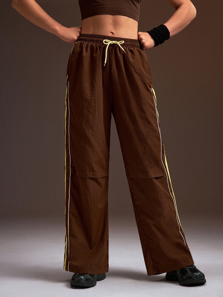 Powerista Women's All Seasons Sports Pants Brown Wide Leg Sports Pants With Yellow Side Stripe Drawstring Waist Casual Athletic Trousers Uses Breathable Fabric - Brown - View 4