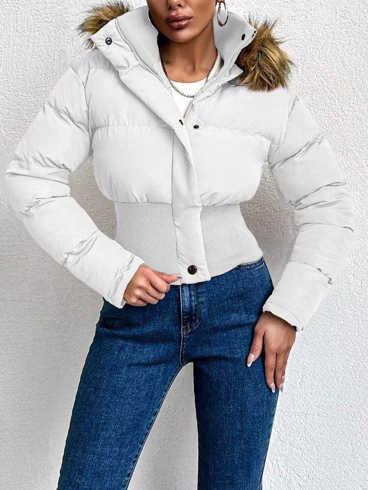 EURMUSE Women Casual Streetwear Padded Coat With Zipper Front, Fur Collar And Hooded, Winter Everyday Going Out White - White - View 4