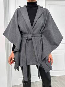 EURMUSE Ladies' Solid Color Minimalist Style Woolen Belted Coat For Daily Wear - Grey - View 3