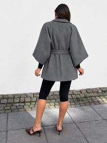 EURMUSE Ladies' Solid Color Minimalist Style Woolen Belted Coat For Daily Wear - Grey - View 7