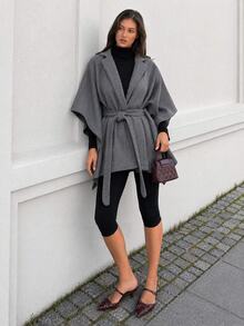 EURMUSE Ladies' Solid Color Minimalist Style Woolen Belted Coat For Daily Wear - Grey - View 4
