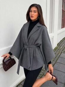EURMUSE Ladies' Solid Color Minimalist Style Woolen Belted Coat For Daily Wear - Grey - View 2