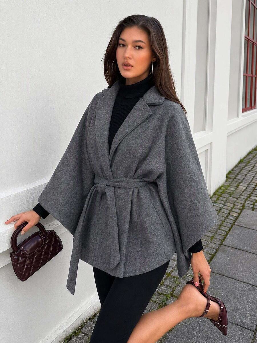 EURMUSE Ladies' Solid Color Minimalist Style Woolen Belted Coat For Daily Wear