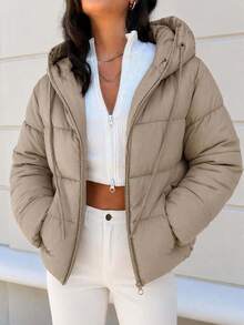EURMUSE Zip Up Hooded Padded Coat - Beige - View 6
