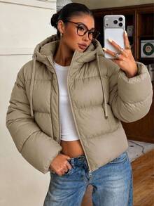 EURMUSE Zip Up Hooded Padded Coat - Beige - View 2