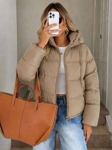 EURMUSE Zip Up Hooded Padded Coat - Beige - View 4