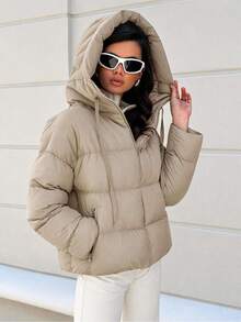 EURMUSE Zip Up Hooded Padded Coat - Beige - View 7