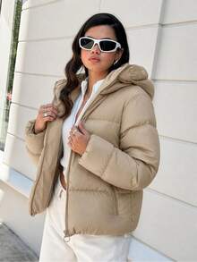 EURMUSE Zip Up Hooded Padded Coat - Beige - View 8