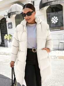 SHEIN Cottnline Women's Plus Size Hooded Zipper Front Padded Coat, For Winter - Beige - View 5