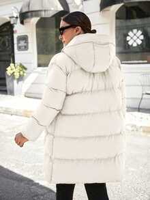 SHEIN Cottnline Women's Plus Size Hooded Zipper Front Padded Coat, For Winter - Beige - View 4