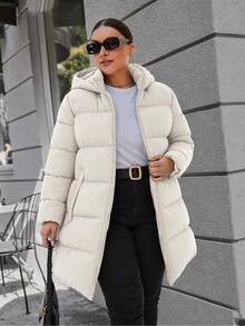 SHEIN Cottnline Women's Plus Size Hooded Zipper Front Padded Coat, For Winter - Beige - View 3