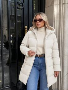 SHEIN Cottnline Women's Plus Size Hooded Zipper Front Padded Coat, For Winter - Beige - View 2