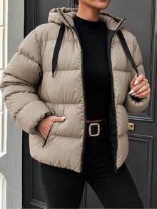 SHEIN Cottnline معطف مبطن بغطاء رأس وحبل شد للنساء - بيج - مشاهدة 3