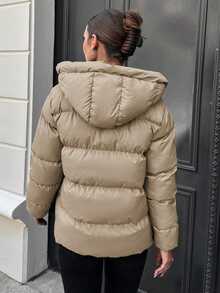 SHEIN Cottnline معطف مبطن بغطاء رأس وحبل شد للنساء - بيج - مشاهدة 6