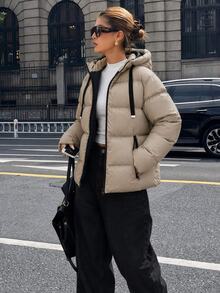 SHEIN Cottnline معطف مبطن بغطاء رأس وحبل شد للنساء - بيج - مشاهدة 2