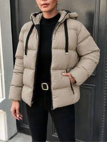SHEIN Cottnline معطف مبطن بغطاء رأس وحبل شد للنساء - بيج - مشاهدة 4
