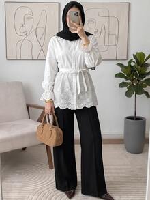 Solavon Kemeja Liburan Sehari-hari Serbaguna dengan Ikat Pinggang, Motif Renda Bordir Gaya Prancis Terbaru - Putih - View 2