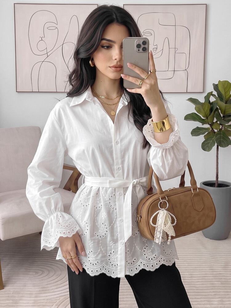 Solavon New French Style Embroidered Lace Patchwork Elegant Tie Waist Daily Versatile Vacation Shirt - White - View 3