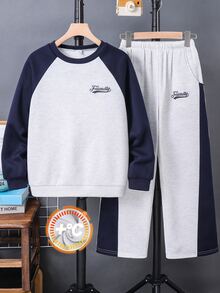 SHEIN 兒童青少年男孩休閒運動加厚混色灰色運動衫與運動褲套裝，適合秋冬、學校、家庭聚會、度假、派對，秋季穿搭、冬季穿搭，男孩套裝兒童套裝 - 彩色 - 查看 3