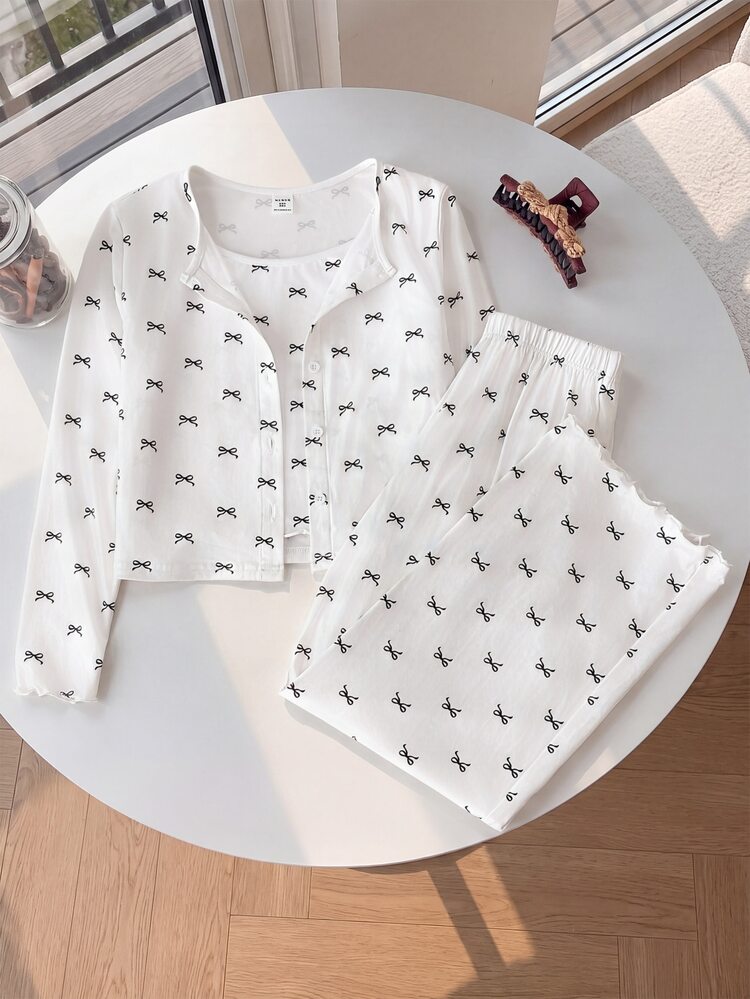 SHEIN Tween Girl Autumn/Winter Casual Home Wear 3-Piece Set, Jacket, Camisole And Long Pants, Sweet Black And White Bow Print Children's Loungewear Set, Girls' Home Wear, Suitable For All Seasons - White - View 11