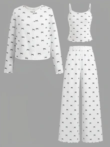 SHEIN Tween女孩秋冬休閒居家服3件套，夾克、背心與長褲，甜美黑白蝴蝶結印花兒童家居服套裝，女孩居家服，適合四季穿著 - 白色 - 查看 7