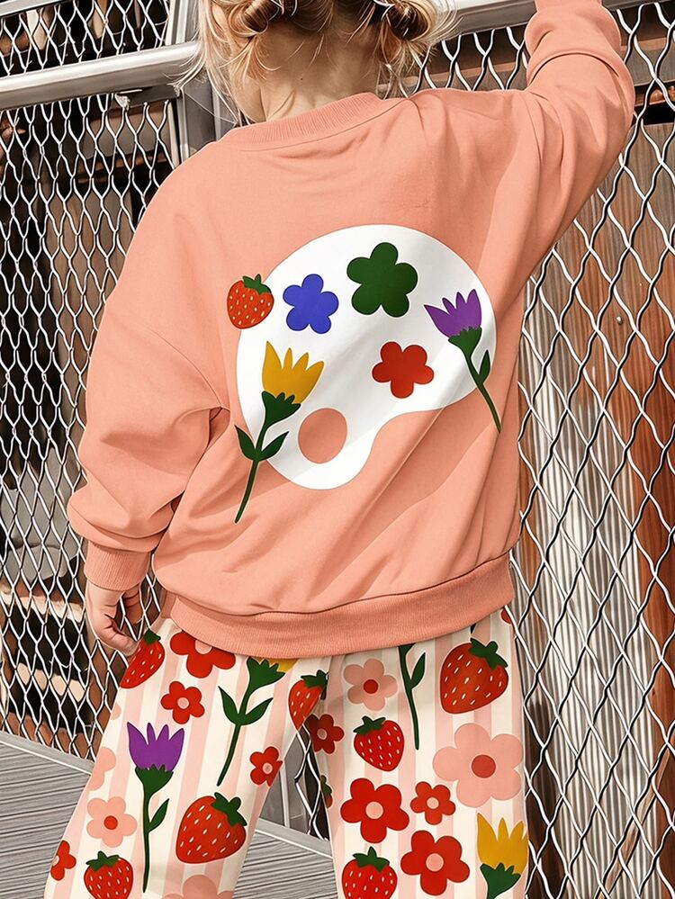 THE HAPPY LOOK Baby Girl Casual Fruit & Floral Print Crew Neck Sweatshirt And Wide Leg Pants Set, Suitable For Autumn/Winter Outings - Multicolor - View 6