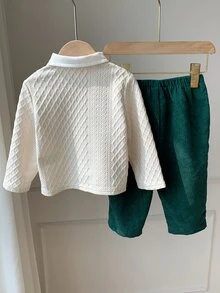 SHEIN 2件組 嬰兒男童/女童 卡通熊拼接翻領長袖套頭運動衫 彈性腰綠色長褲 多功能舒適 秋冬套裝 適合聖誕節 - 彩色 - 查看 2