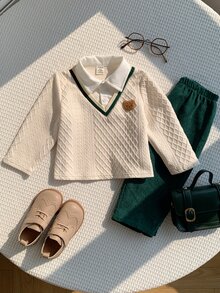SHEIN 2件組 嬰兒男童/女童 卡通熊拼接翻領長袖套頭運動衫 彈性腰綠色長褲 多功能舒適 秋冬套裝 適合聖誕節 - 彩色 - 查看 6